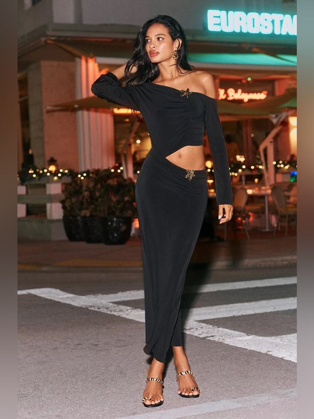 By Anthropologie Cut Out Long Sleeve Maxi Dress Stretch Off Shoulder